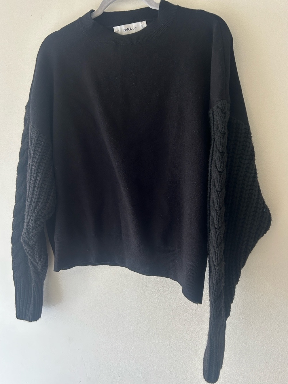 Zara Black Crewneck Sweater with Cable-Knit Balloon Sleeves